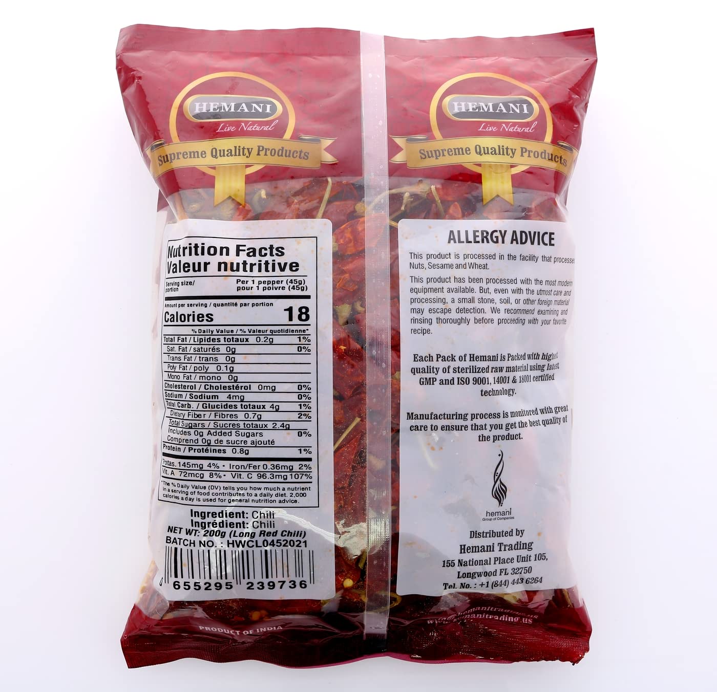 Hemani Whole Dried Long Chili - Indian Spice 100G (3.5 OZ) - All Natural- Gluten Free - NON-GMO - No Color Added