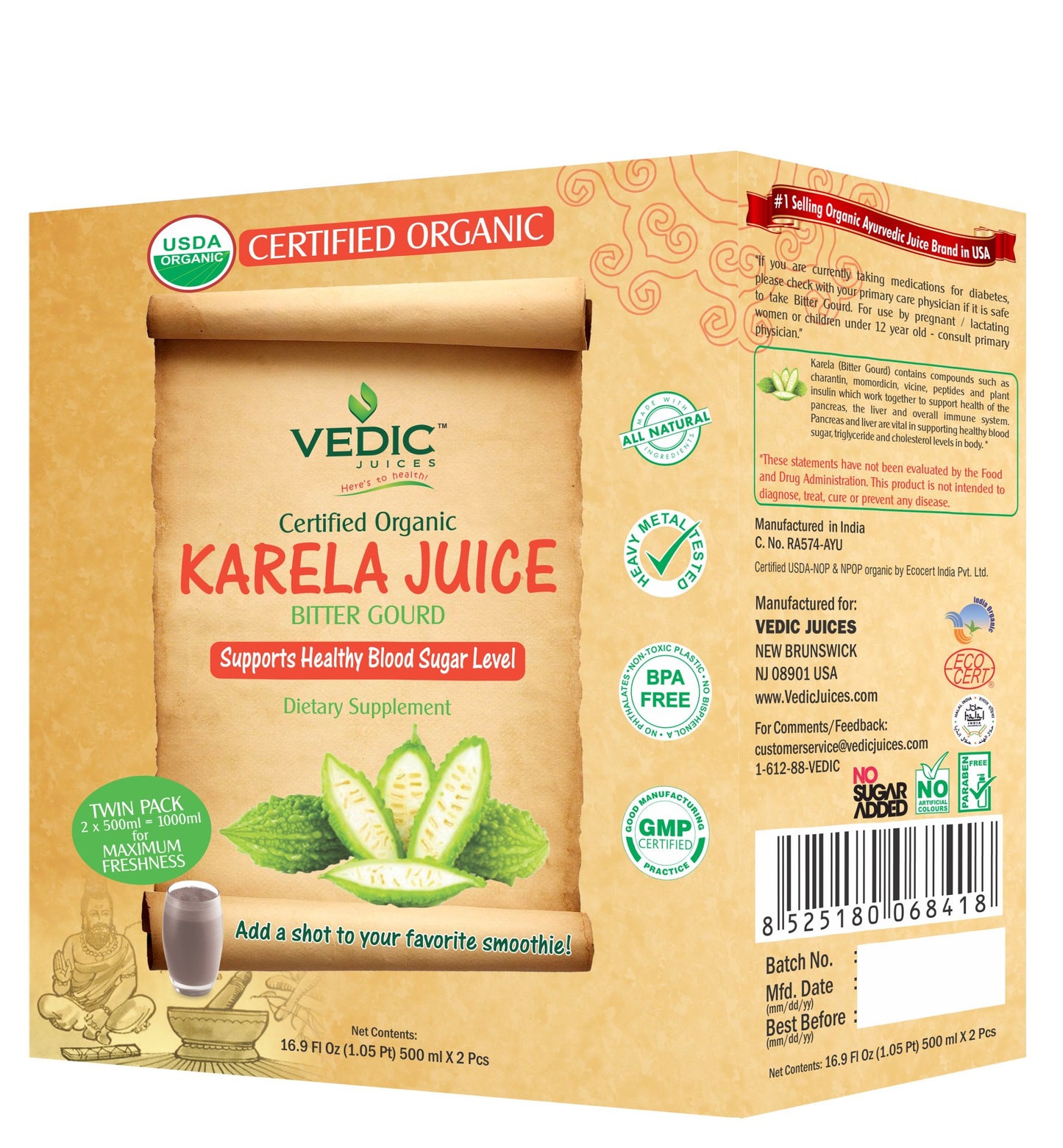 Vedic Organic Karela Juice | Supports Healthy Blood Sugar Level (Bitter Gourd/Bitter Melon) 500ml x 2