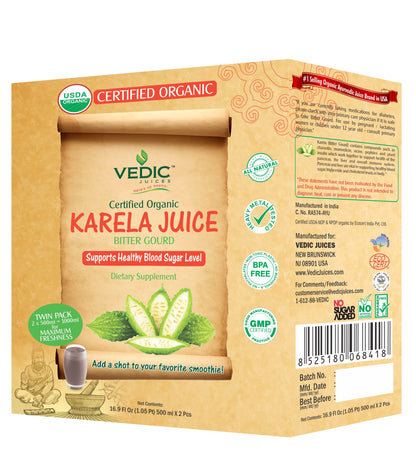 Vedic Organic Karela Juice | Supports Healthy Blood Sugar Level (Bitter Gourd/Bitter Melon) 500ml x 2