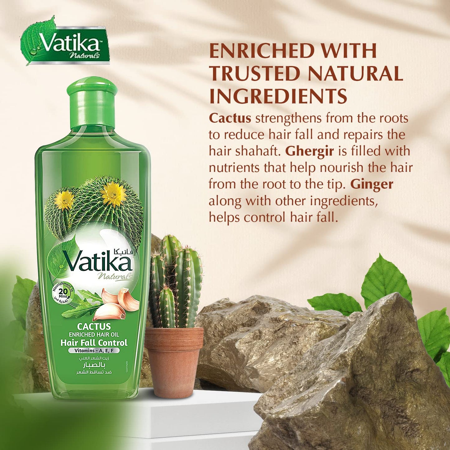 Dabur Vatika Naturals Enriched Hair Oil, Natural Moisturizing, Strengthening & Hair Oil Serum for Healthy Scalp, Nourishing Hair Oil for Soft, Manageable, Smooth & Silky Hair From Root to Tip (Cactus)
