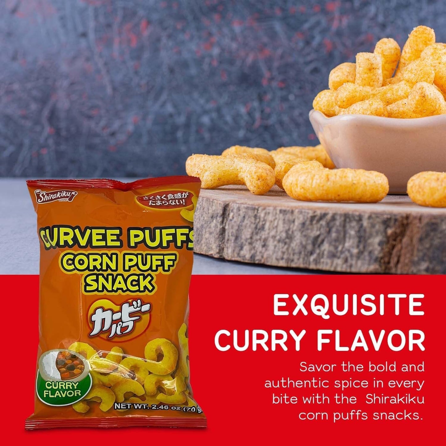 Shirakiku Curvee Corn Puff Snack | Corn Grits, Ginger powder, Cumin Seed, Tomato powder, Palm oil | Authentic Japanese Snacks in Curry Flavor | 2.46 oz Pack of 2