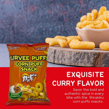 Shirakiku Curvee Corn Puff Snack | Corn Grits, Ginger powder, Cumin Seed, Tomato powder, Palm oil | Authentic Japanese Snacks in Curry Flavor | 2.46 oz Pack of 2