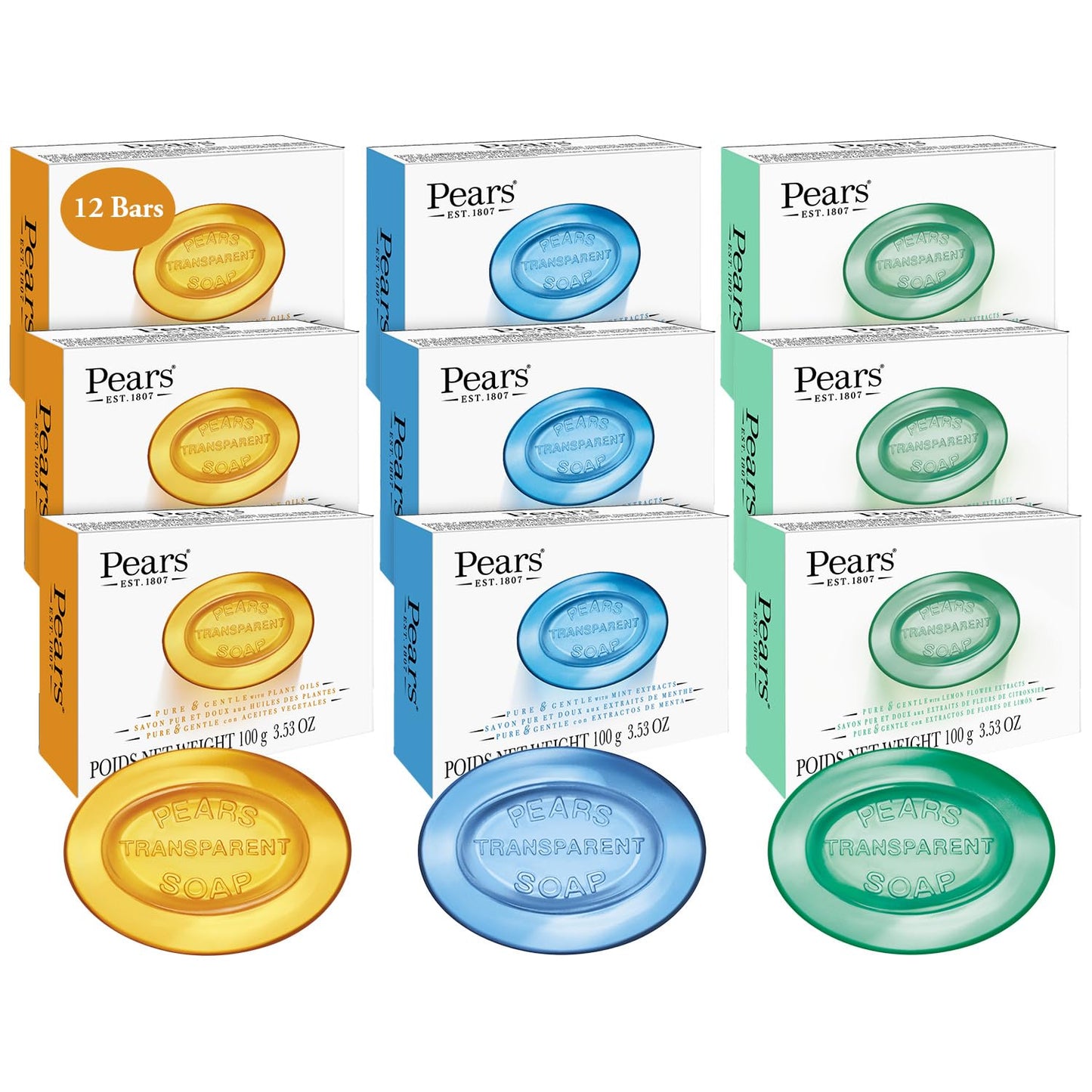 Pears Bar Soap Variety Pack 12 Mint Extract Lemon & Original