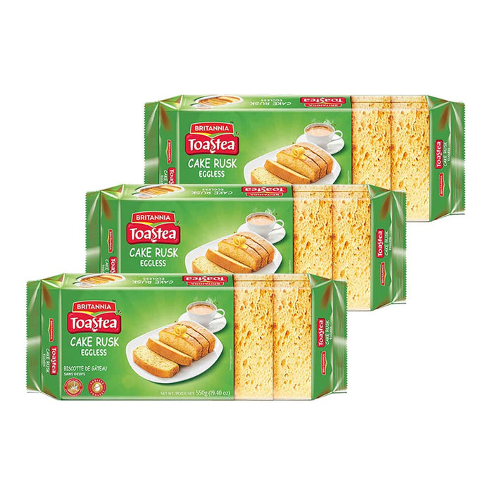 Britannia Toastea Eggless Rusk Cake 19.40oz (550g) - Delightfully Smooth, Soft, and Delicious Cake - Breakfast & Tea Time Snacks - Suitable for Vegetarians (Pack of 3)