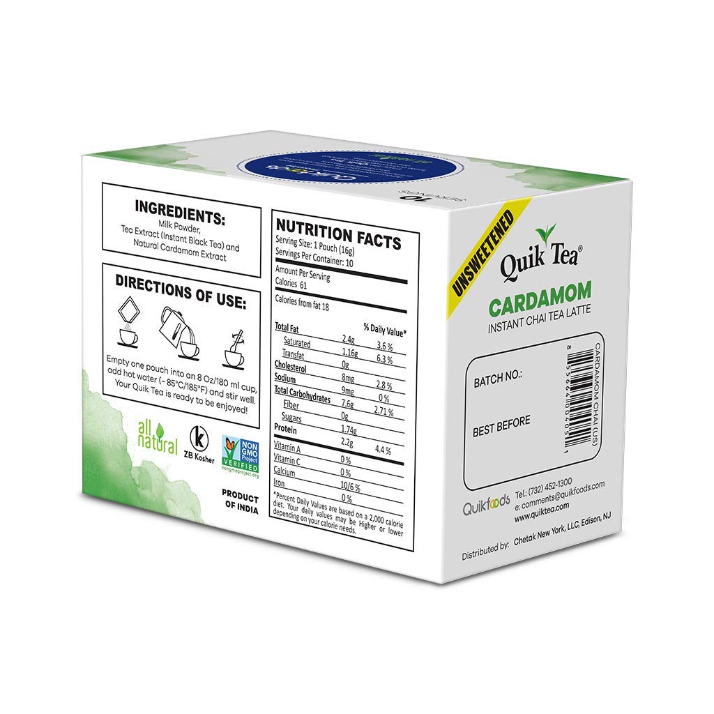 QuikTea Unsweetened Cardamom Chai Tea Latte - 100 Count (10 Boxes of 10 Each) - All Natural Preservative Free Authentic Instant Chai
