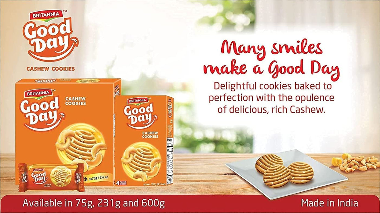 Britannia Good Day Cashew Cookies Family Pack 8.15oz (231g) - Breakfast & Tea Time Snacks - Delicious Grocery Cookies - Halal and Suitable for Vegetarians (Pack of 8)