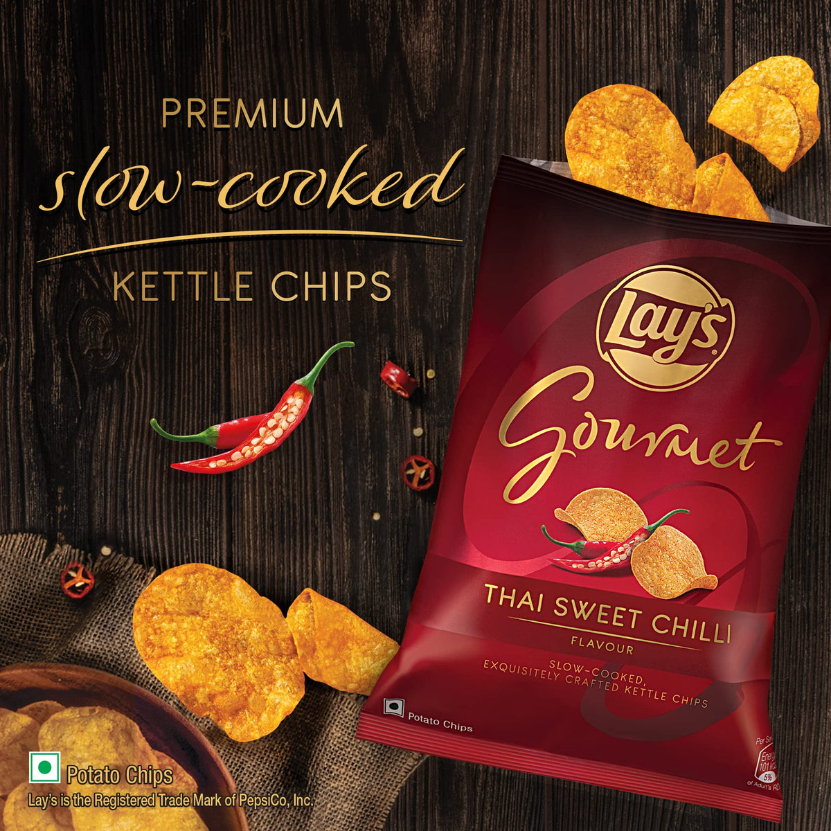 Lays Gourmet Kettle Chips, Premium Slow-Cooked Potato Chips, Chips - 2 Pack (Thai Sweet Chilli, 1.94oz)