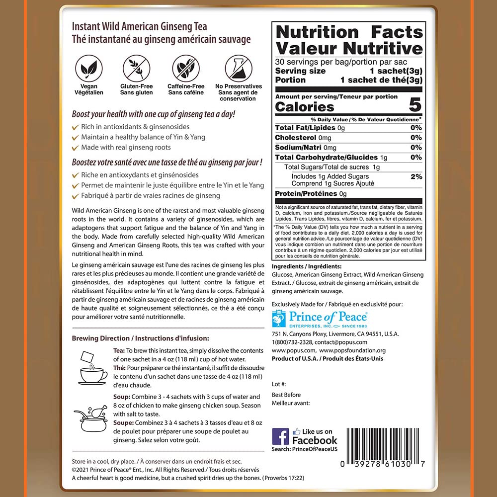 Prince of Peace Instant Wild American Ginseng Tea, 30 Sachets Healthy Drink, Caffeine-Free Energy-Boosting, Heavy Antioxidants, Made in The USA, Plant Extracts