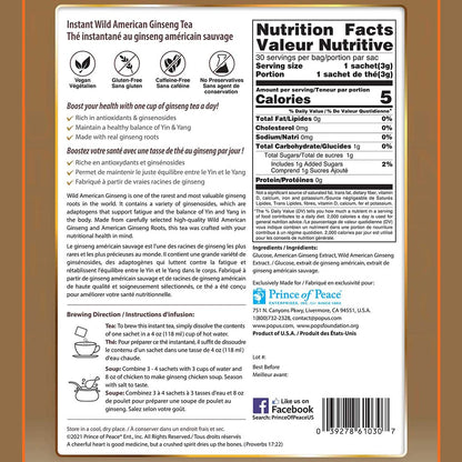Prince of Peace Instant Wild American Ginseng Tea, 30 Sachets Healthy Drink, Caffeine-Free Energy-Boosting, Heavy Antioxidants, Made in The USA, Plant Extracts