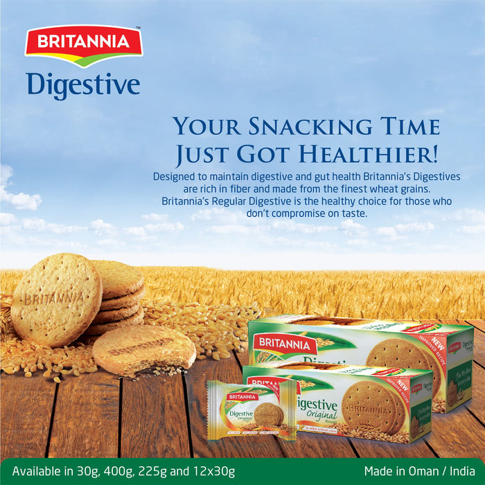 BRITANNIA Digestive Original Biscuits 14.11oz (400g) - Whole Wheat Flavor Cookies - Breakfast & Tea Time Healthy Snacks - Suitable for Vegetarians (Pack of 6)