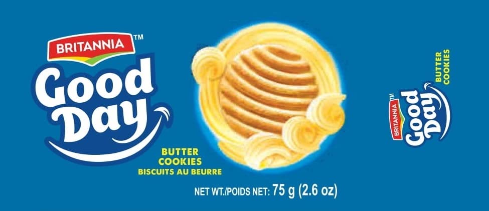 BRITANNIA Good Day Butter Cookies 2.6oz (75g) - Breakfast & Tea Time Snacks - Delicious Grocery Cookies - Halal and Suitable for Vegetarians (Pack of 6)