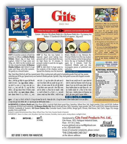 Gits Instant Mix Box - 200gm (Pack of 3) | Ready to Cook Indian Breakfast/Lunch/Dinner/Snack Meal | No Artificial Colors, Flavors, Preservatives, 100% Vegetarian, Easy Recipe (Sandwich Dhokla)