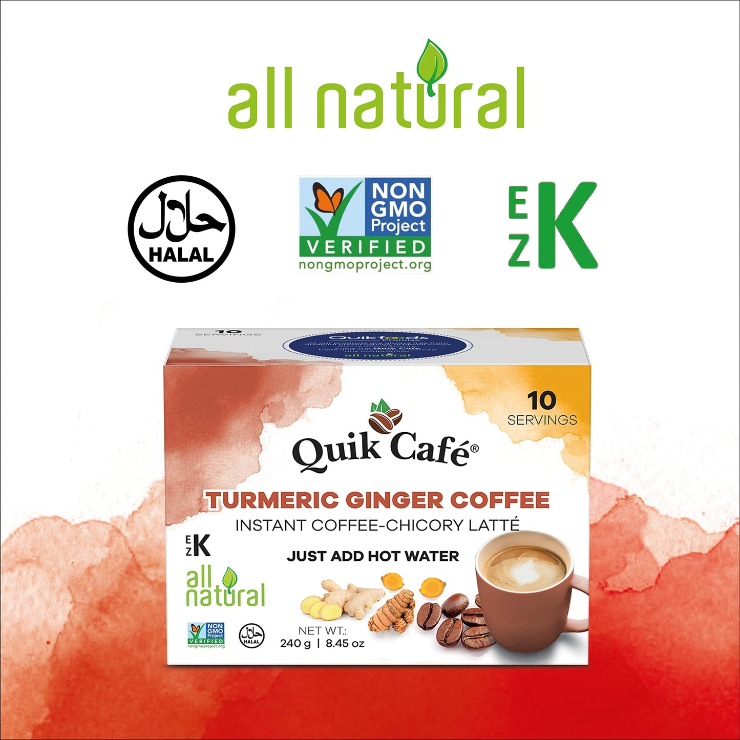 Quik Cafe Turmeric Ginger Instant Coffee Latte - 10 Count Single Box - All Natural Superfood Golden Coffee