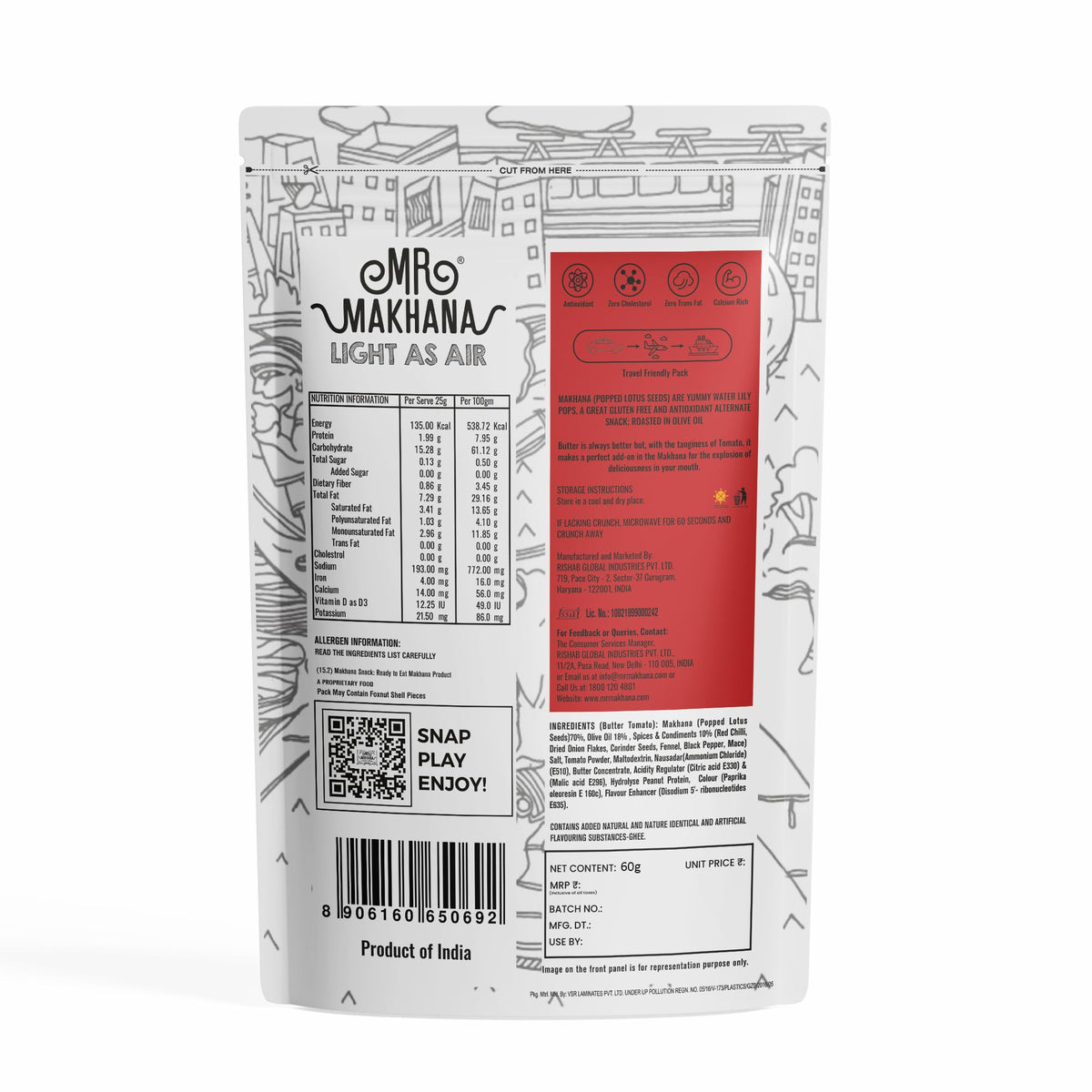 MR Makhana Flavored Makhana | Super Snack | Roasted | 2.65oz (75g) - Family Size (Butter Tomato)