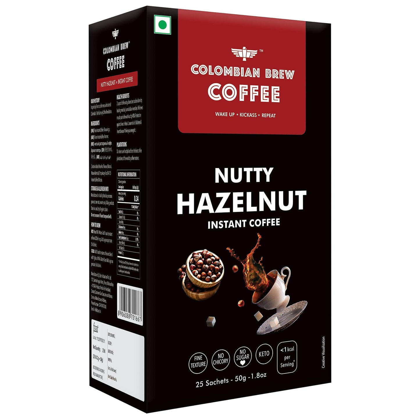 Colombian Brew Hazelnut Instant Coffee Powder, No Sugar Vegan, 250gm