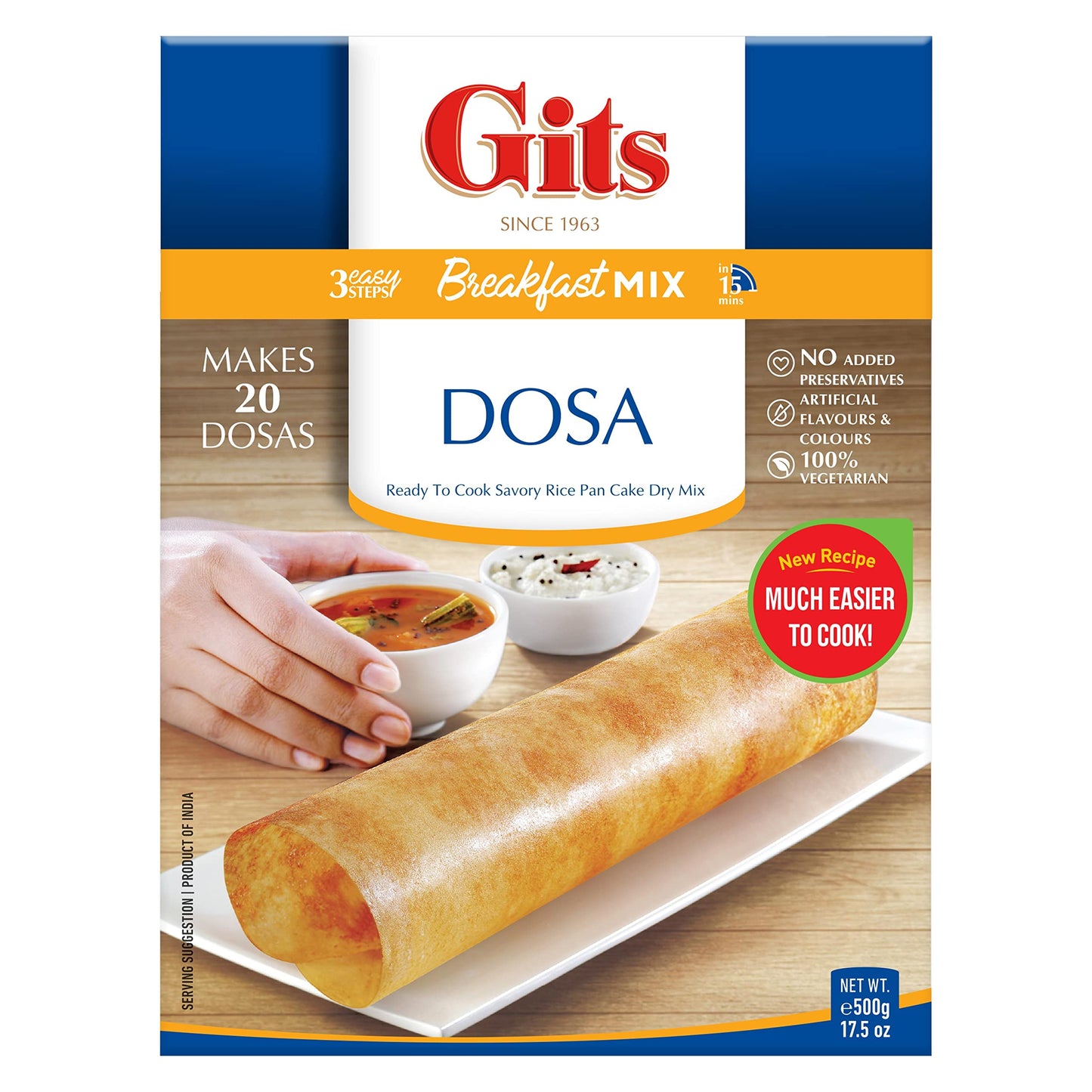 Gits Rice Dosa Instant mix 87.5 Oz (Pack of 5X17.5 Oz each) || Ready to Cook Indian Breakfast, Snack Meal | 100% Vegetarian, No Artificial Colors, Flavors, Preservatives.
