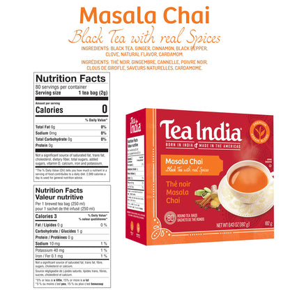 Tea India Masala Chai Tea Flavorful Blend Of Black Tea & Natural Ingredients Strong Full-Bodied Traditional Indian Caffeinated Tea 80 Round Teabags