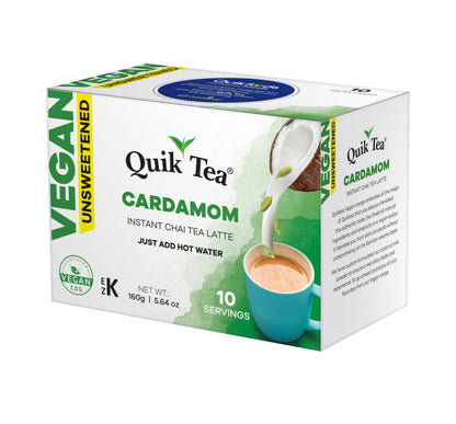 QuikTea Vegan Unsweetened Cardamom Instant Chai Tea Latte - 10 Count Single Box - Easy Ayurvedic Dairy Free Alternative