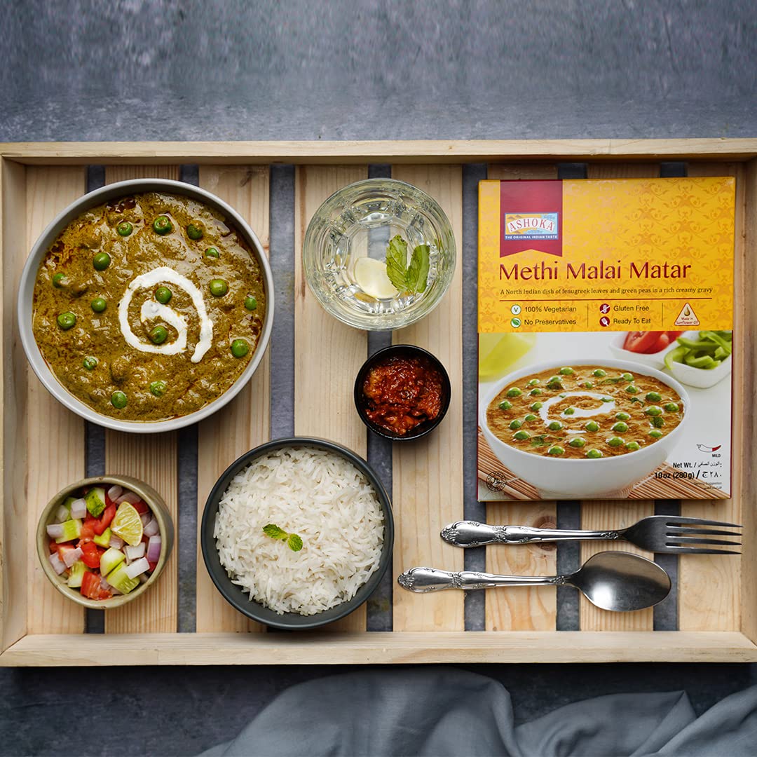 Ashoka All-Natural Meals 1932, Vegetarian Fenugreek Leaves & Green Peas, Ready to Eat Authentic Indian Meals, Methi Malai Matar, On the Go Meals, Healthy Work Lunch with No Preservatives, Pack of 1
