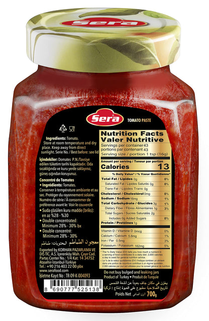 Sera Double Concentrate Tomato Paste 24.7 oz | 100% All Natural | No Additives | No Preservatives | Perfect For Pizza, Soup, Stews, Tikka Masala, Shakshouka! (1 PACK)