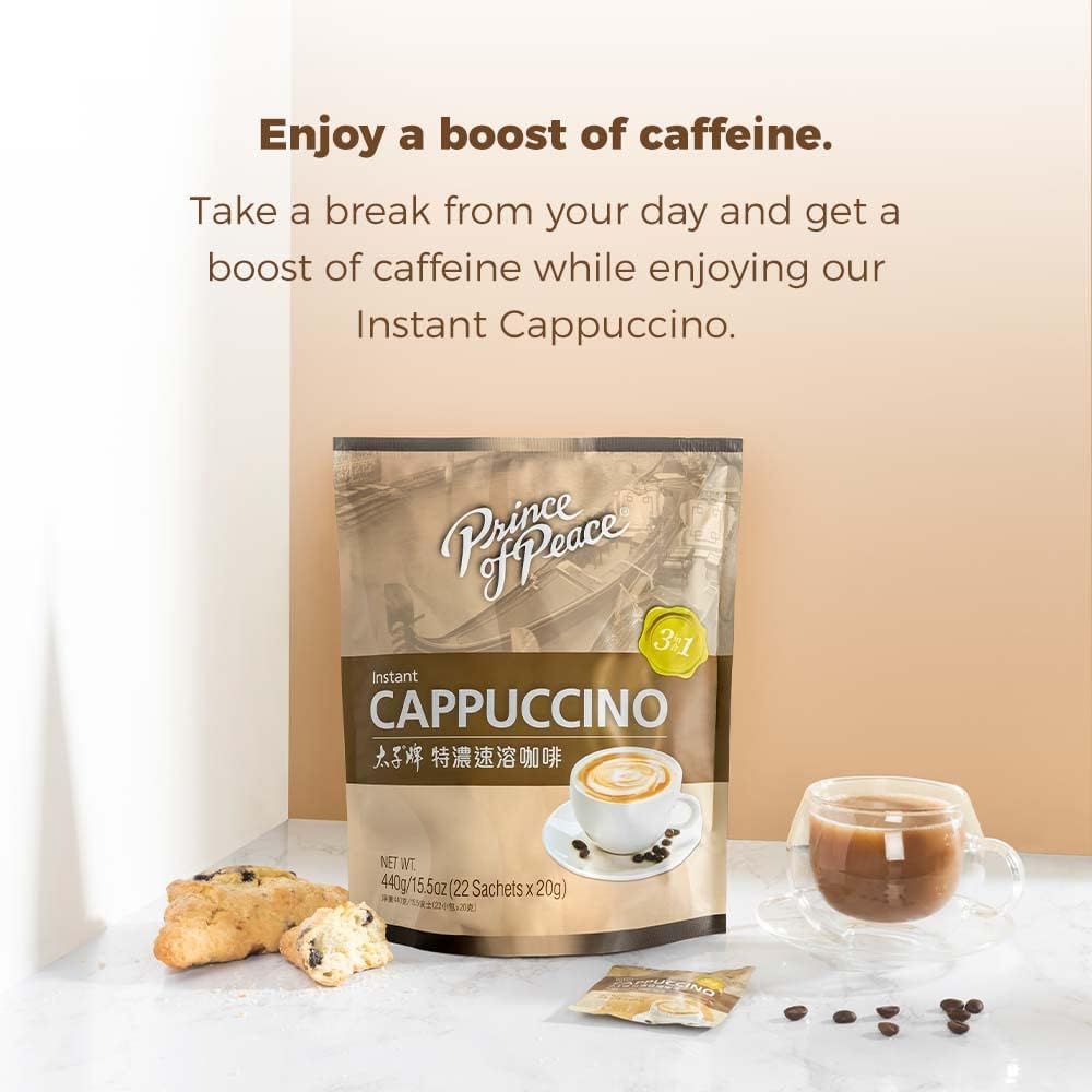 Prince of Peace 3 in 1 Instant Cappuccino, 22 Sachets Coffee Mix with Caffeine, Smooth and Tasty, Convenient Just Add Water