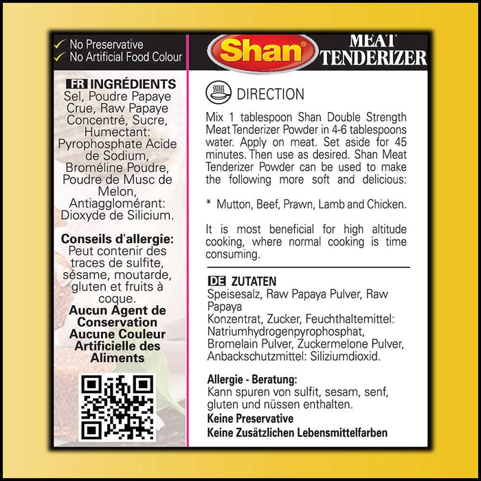 Shan Meat Tenderizer Seasoning Mix 1.4 oz (40g) - Double Strength Tenderizing High Altitude Cooking Powder - Suitable for Vegetarians - Airtight Bag in a Box
