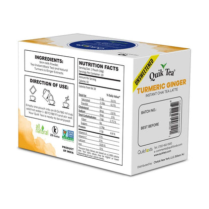 Quik Tea Unsweetened Turmeric Ginger Instant Chai Tea Latte - 40 Count (4 Boxes of 10 Each) - Preservative Free, All Natural Ingredients