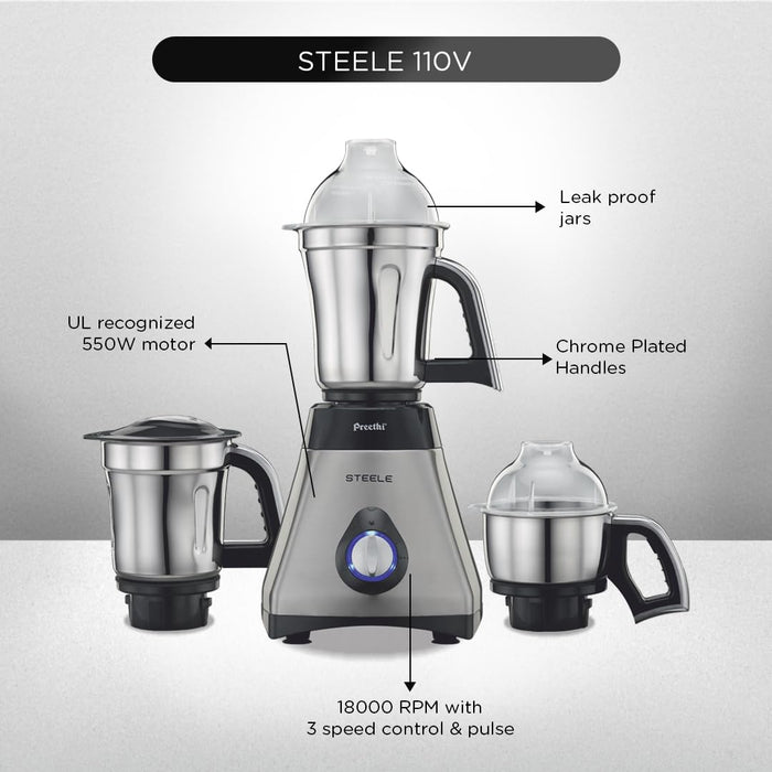 Preethi Mixer Grinder, 13 x 8.6 x 12.5 inches, Black, Silver