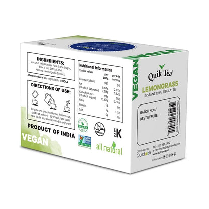 QuikTea Vegan Lemongrass Instant Chai Tea Latte - 10 Count Single Box - Easy Ayurvedic Dairy Free Alternative - All Natural Non GMO Superfood