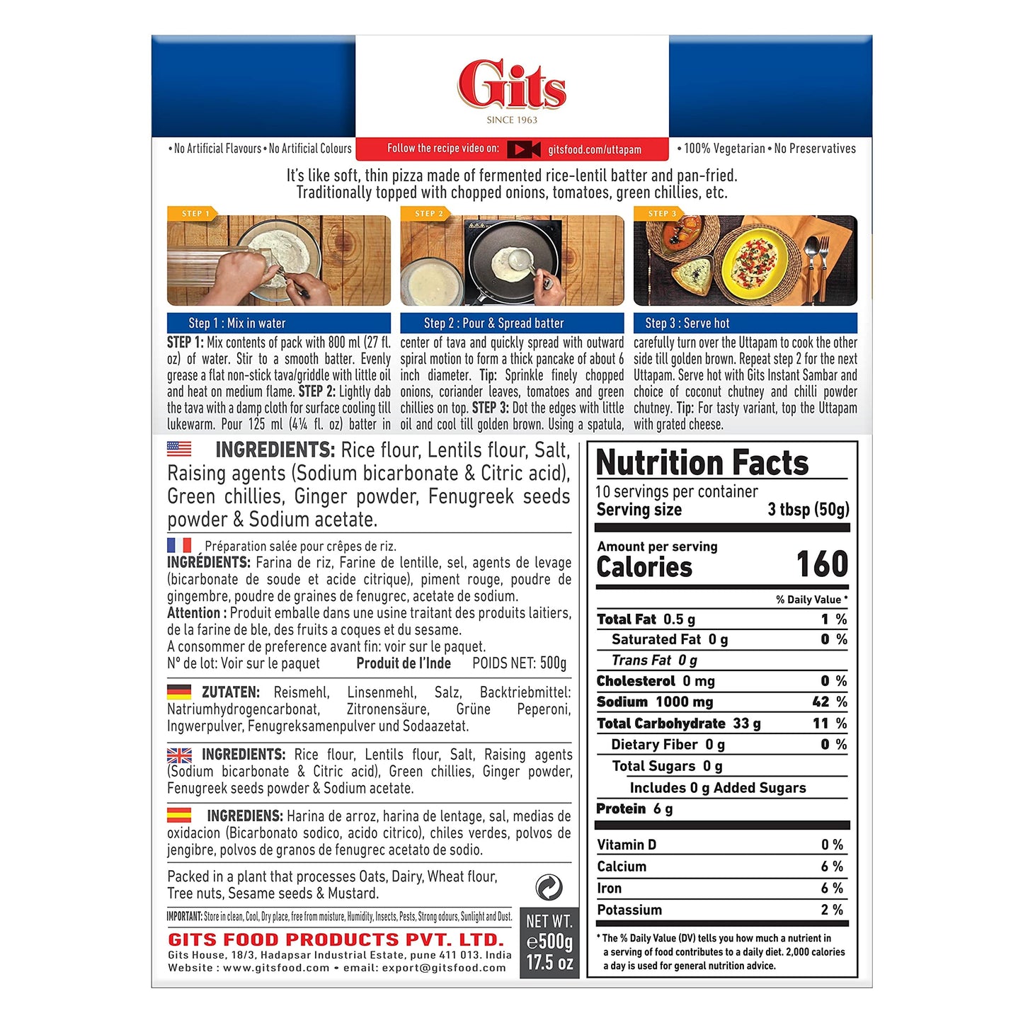 Gits Uttapam mix 87.5 Oz (Pack of 5X17.5 Oz each) Ready to Cook Indian Breakfast, Snack Meal | 100% Vegetarian, Easy Recipe, No Artificial Colors, Flavors, Preservatives. Vegan