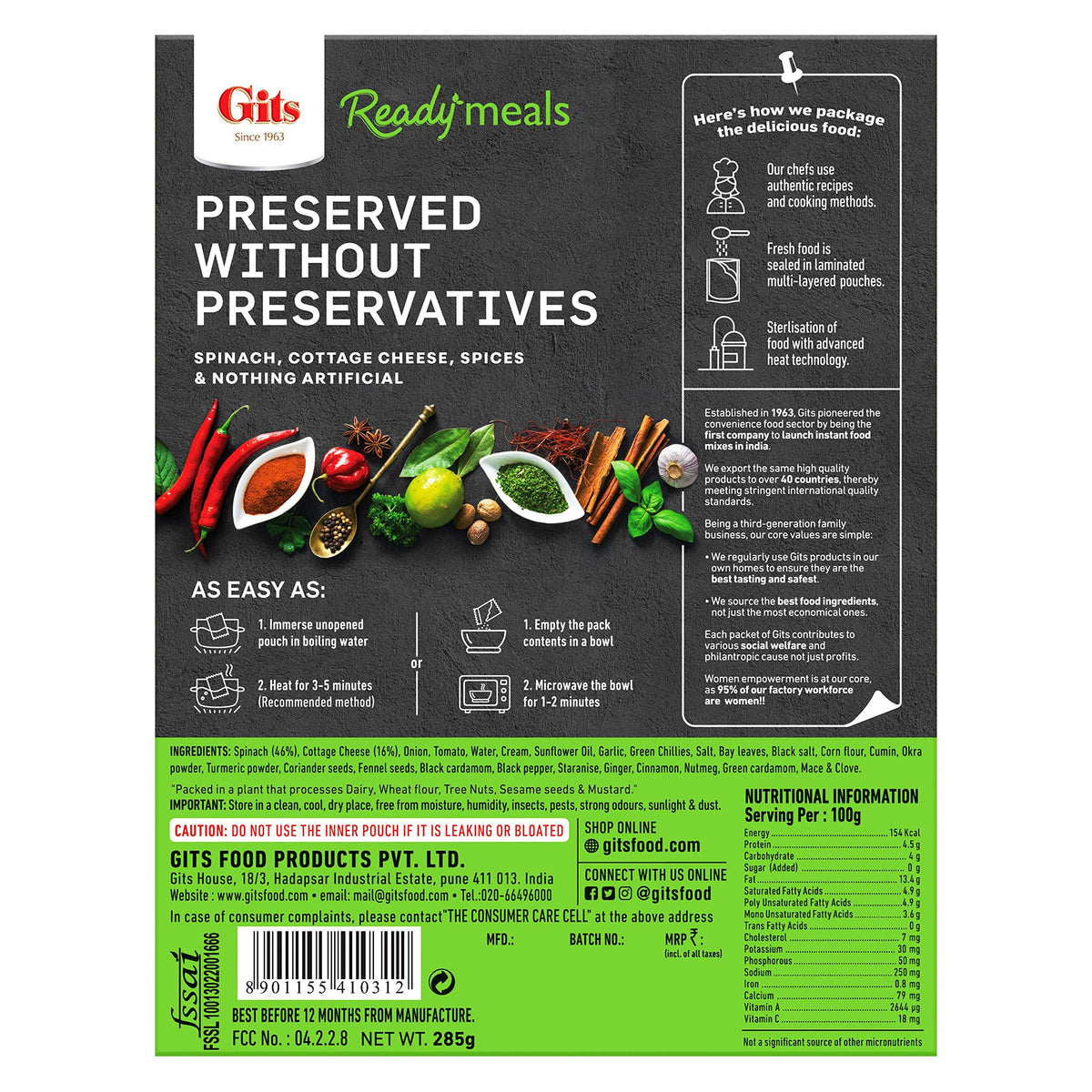 Gits Ready to Eat Palak Paneer, 855g (Pack of 3 X 285g Each)