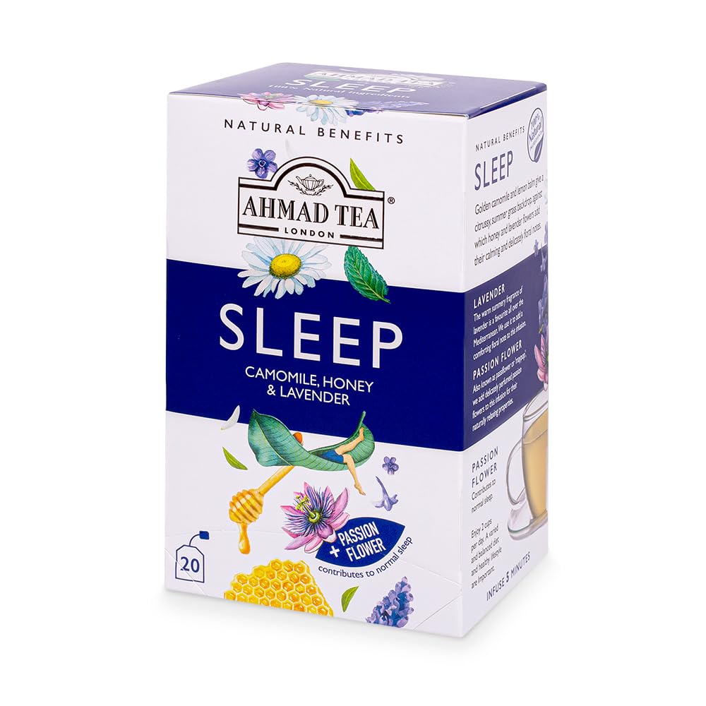 Ahmad Tea Herbal Tea, Camomile, Honey, & Lavender 'Sleep' Natural Benefits Teabags, 20 ct (Pack of 6) - Decaffeinated & Sugar-Free