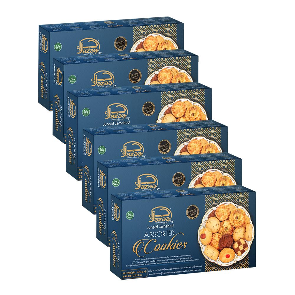 Jazaa Assorted Cookies 240g (8.46oz) | Pack of 6 | Blessings in Each Plate | Halal | Breakfast and Tea Time Snacks | Delightfully Smooth & Delicious