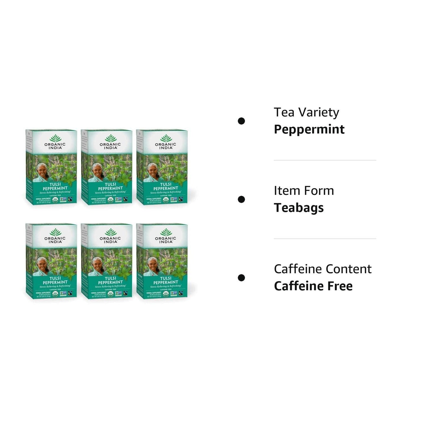 Organic India Tulsi Peppermint Herbal Tea - Holy Basil, Stress Relieving & Refreshing, Immune Support, Aids Digestion, Vegan, USDA Certified Organic, Caffeine-Free - 18 Infusion Bags, 6 Pack