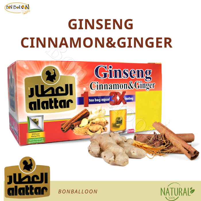 AlAttar Natural Drink Ginseng Cinnamon & Ginger Herbal Tea Bags Herb Herbs Non Gmo No Caffeine No Additives No Artificial Coloring Kosher Halal (20 Bag)