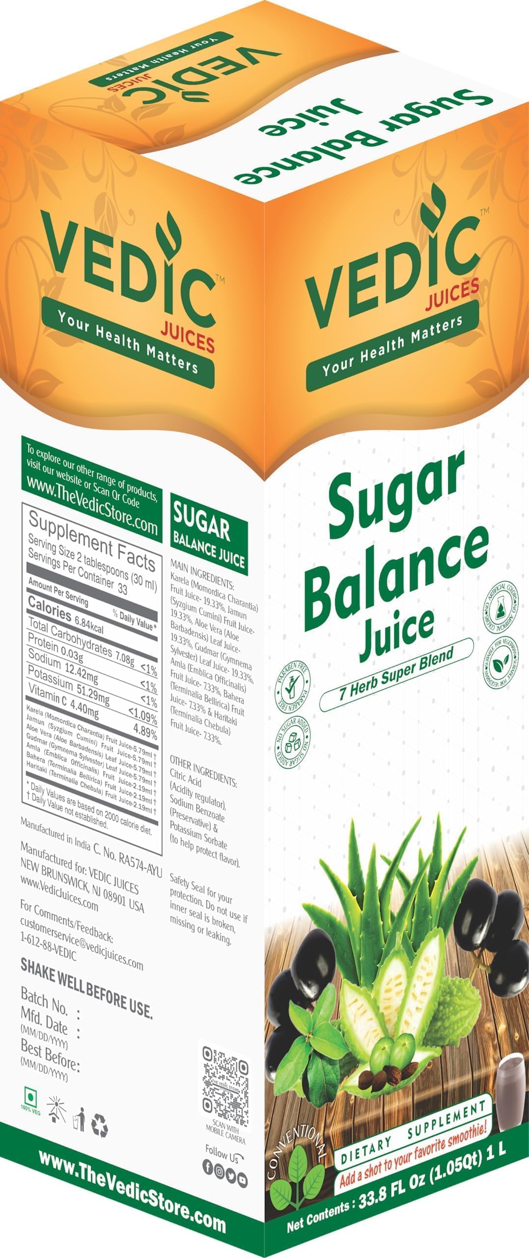 Vedic Regular Sugar Balance Juice - 33.8oz, Ideal for Daily Use