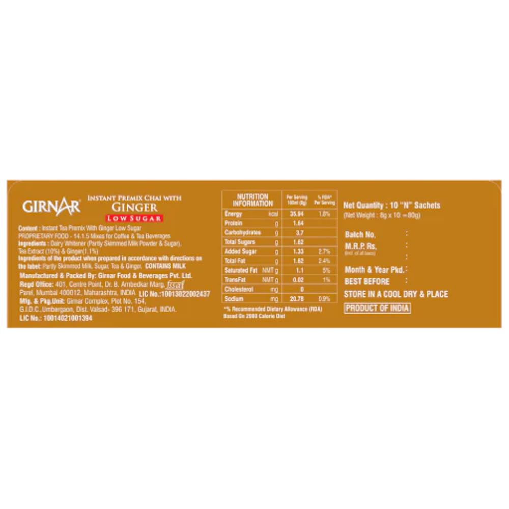 Girnar Instant Chai (Tea) Premix With Ginger Unsweetened, 10 Sachet Pack