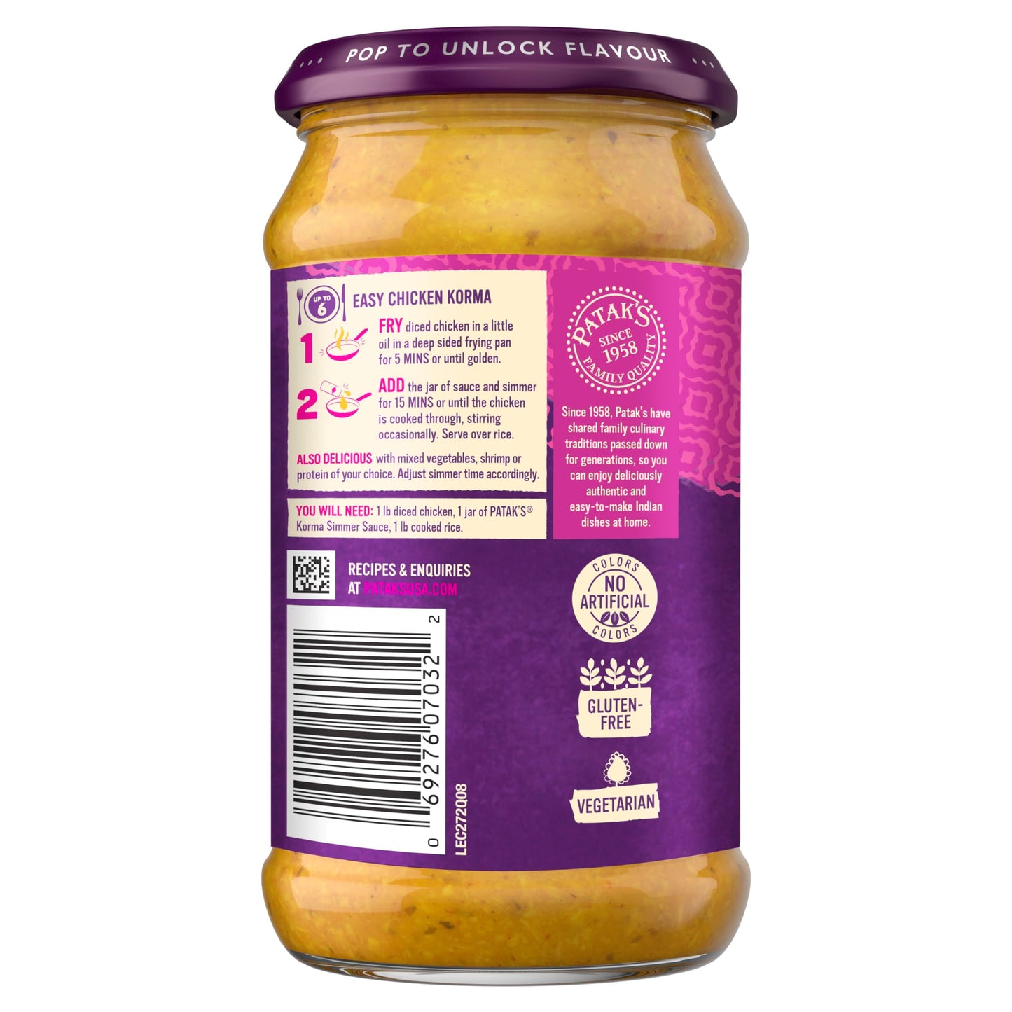 Patak's Korma Simmer Sauce - 15 Oz (Pack of 3) A Mild and Creamy Coconut Sauce, No Artificial Flavors or Colors, Gluten Free, Vegetarian Friendly