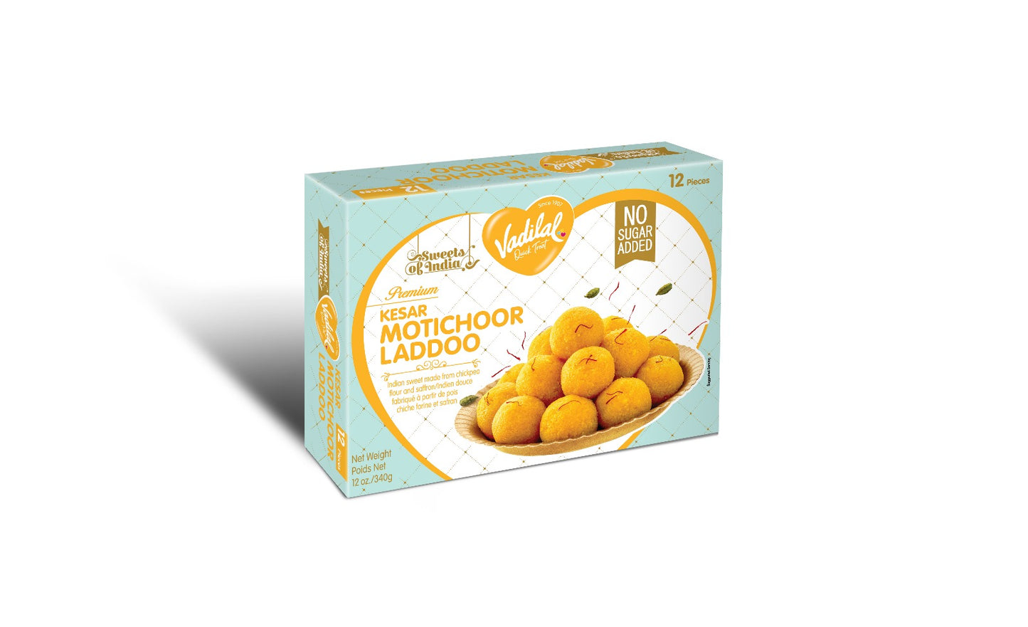 Vadilal NO Sugar Added Kesar Motichoor Laddoo 340gm Authentic Indian Sweet Made from Chickpea flour and Saffron