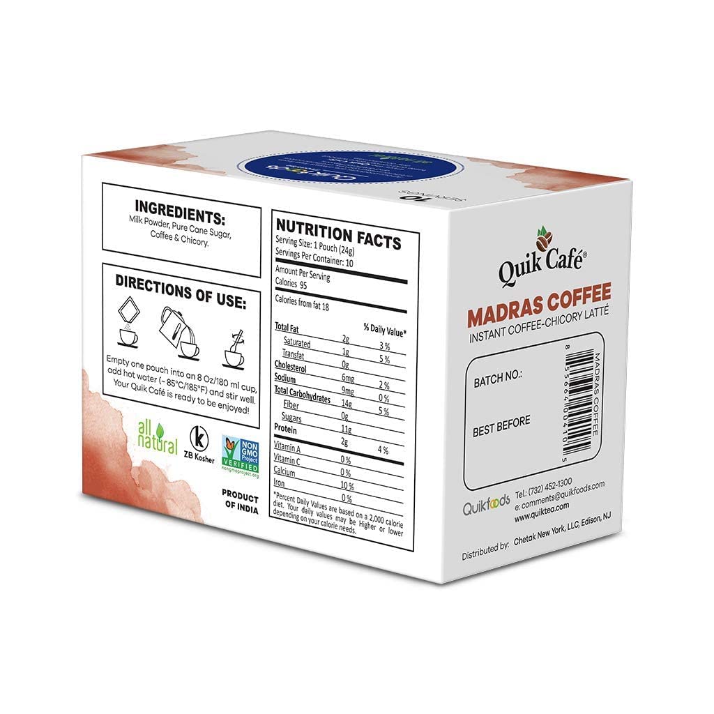 Quik Caf Madras Coffee - Single Box 10 Count - All Natural & Preservative Free Instant Coffee.