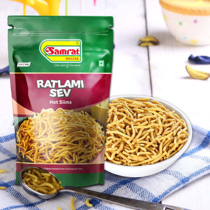 Samrat Namkeen Ratlami Sev Ready To Eat Snacks,Indian Namkeen Snack,Fresh and Crispy -400 gms Pack of 3