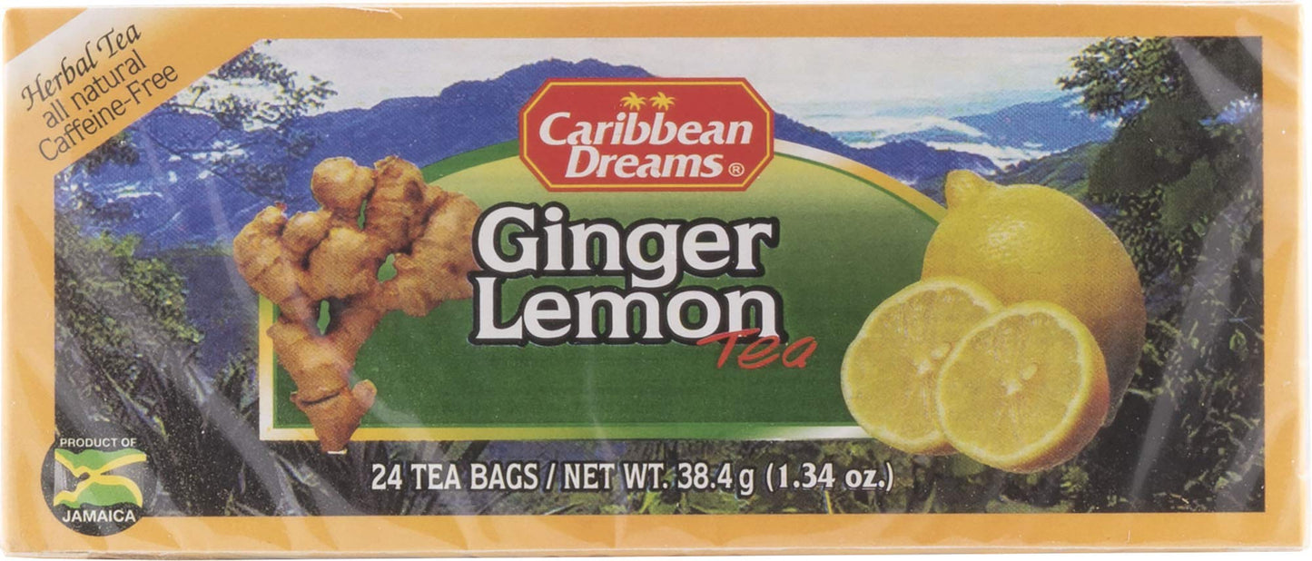 Caribbean Dreams Ginger Lemon Tea, 24 tea bags, Herbal Natural Tea, Caffeine Free, Tea Bags with Lemon & Ginger