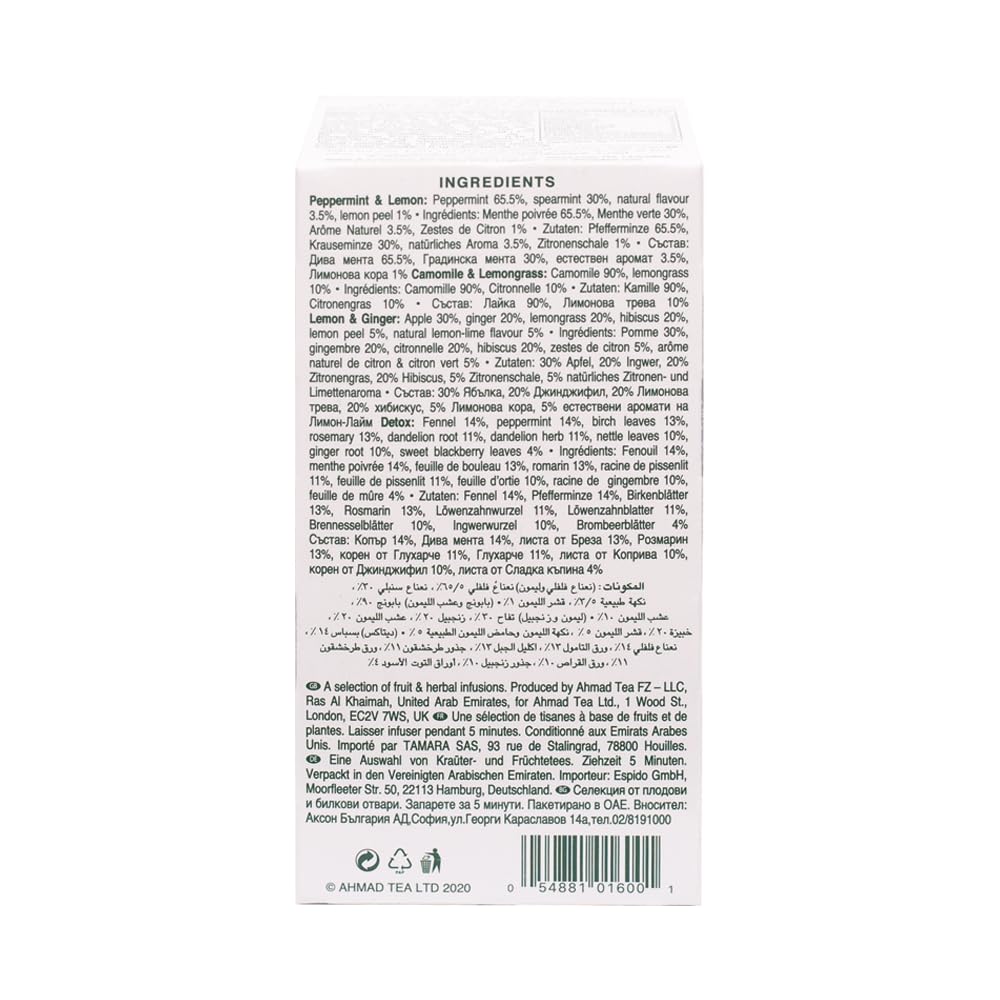 Ahmad Tea Herbal Tea, Fruit and Herb Selection, 4 Teas Peppermint and Lemon, Camomile and Lemongrass, Lemon and Ginger, and Detox Teabags, 20 ct - Decaffeinated and Sugar-Free