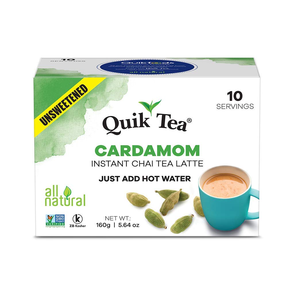QuikTea Unsweetened Cardamom Chai Tea Latte - 100 Count (10 Boxes of 10 Each) - All Natural Preservative Free Authentic Instant Chai