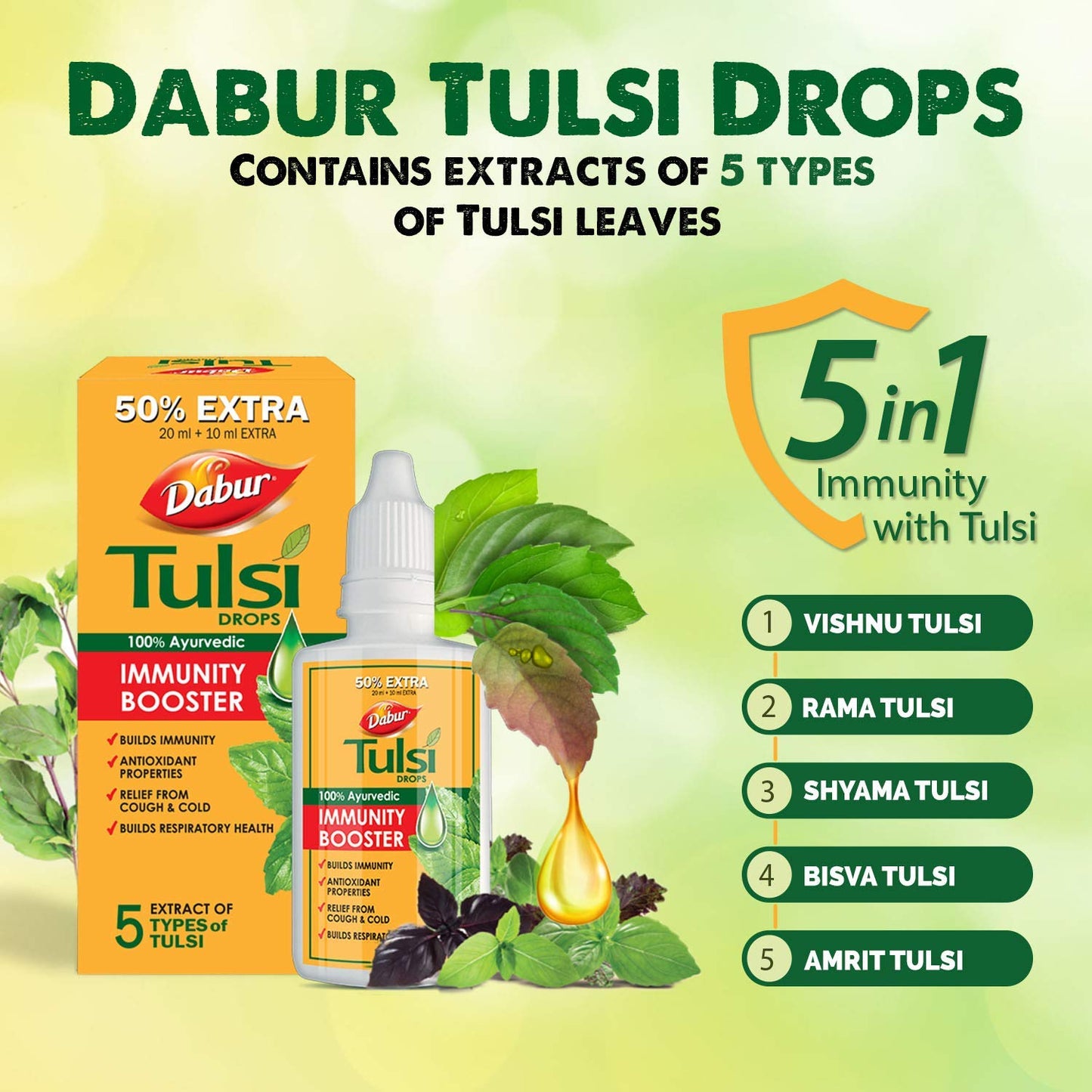 Dabur Ayurvedic Tulsi( Basil) Drops 30ml | Builds Immunity, Antioxidant, Cold