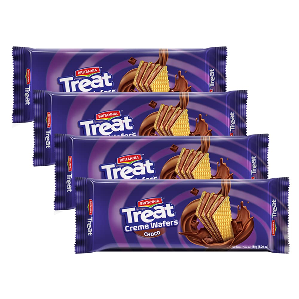 BRITANNIA Treat Choco Creame Wafers 5.29oz (150g) - Breakfast & Tea Time Snacks - Crunchy, Healthy and Delicious (Pack of 4)