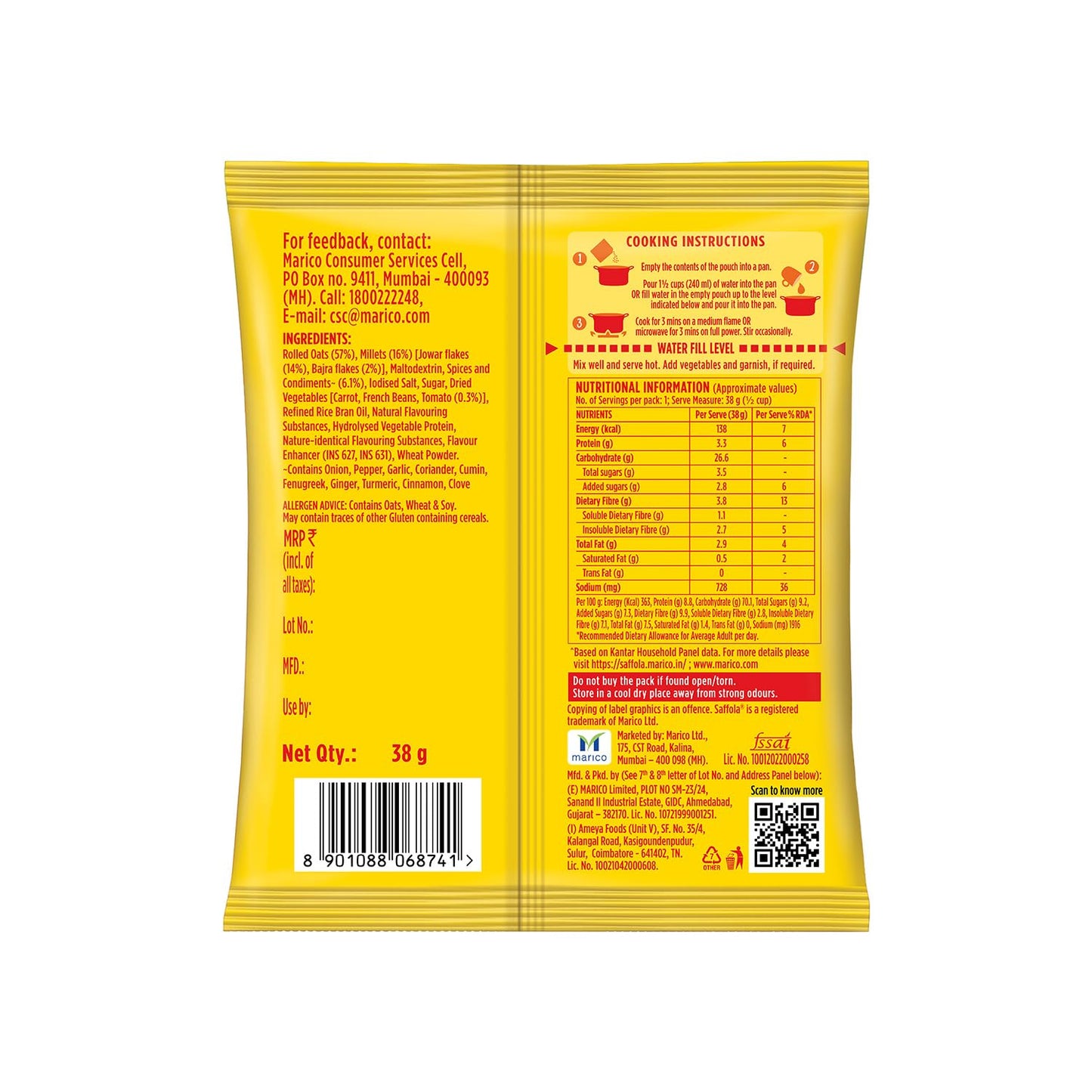 Saffola Masala oats- Peppy Tomato 38 gms - Indian Snack
