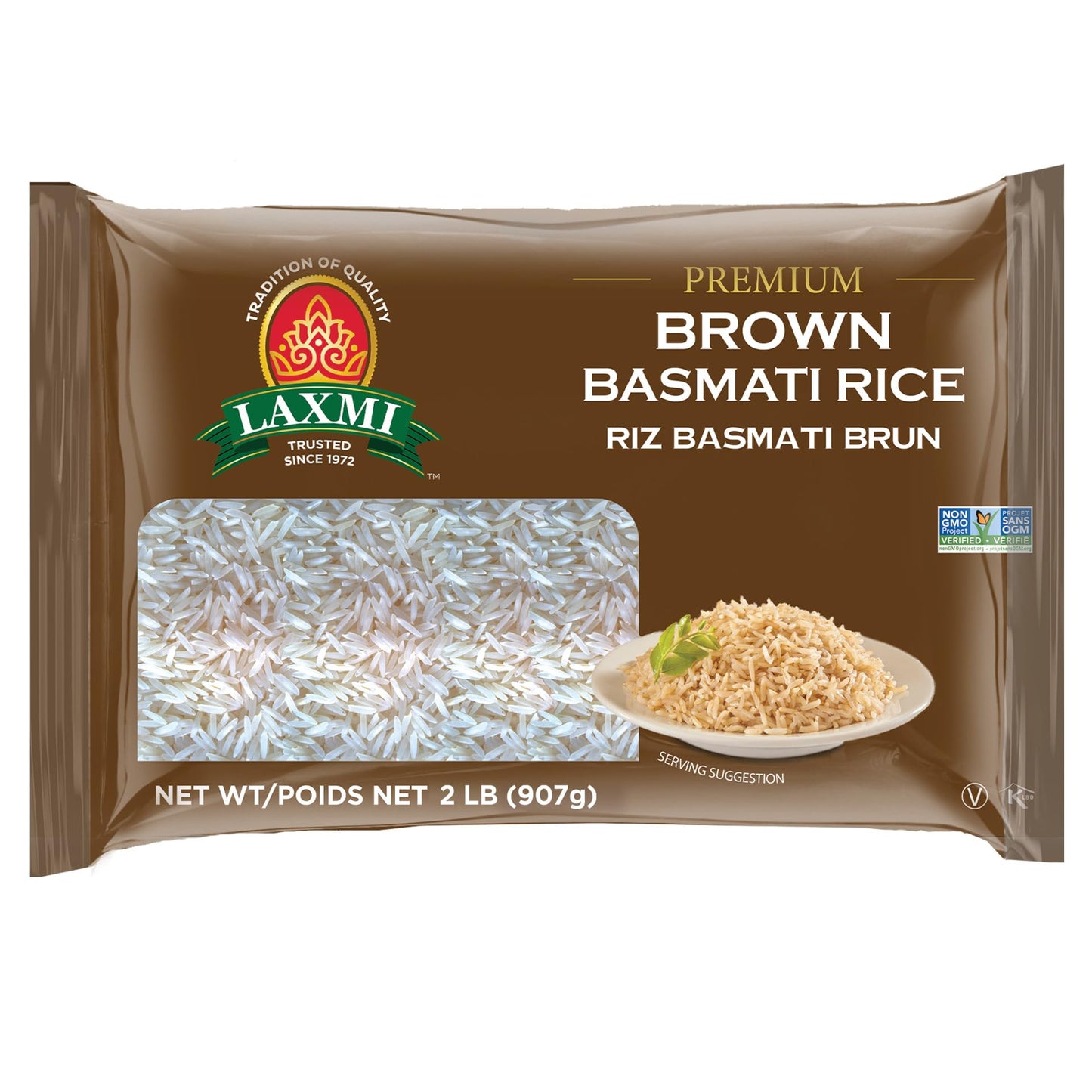 Laxmi Brand, Brown Basmati Rice, Vegetarian, Whole Grain, Light, Nutty Flavor, Made Pure, Made Fresh, Product of India (2lb)