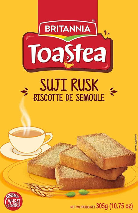 BRITANNIA Toastea Suji Rusk 10.75oz (305g) - Biscotte De Semoule - Crispy Tea Time Snack - Crispy Crunchy Toast - Halal and Suitable for Vegetarians (Pack of 2)