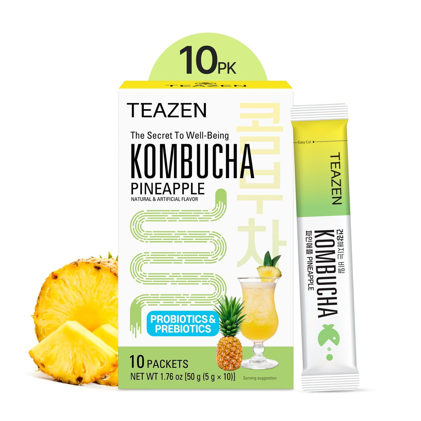 Teazen Kombucha Tea, Zero Sugar, Sparkling Fermented Powdered Mix Beverage from Korea, Live Probiotics & Prebiotics, 10 Sticks, 1.76oz (Pineapple)